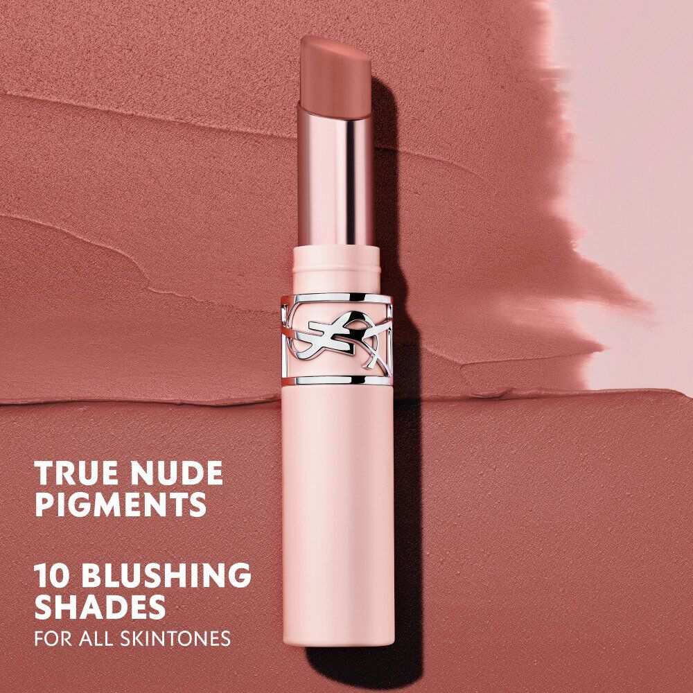 YSL LOVENUDE Lip Blusher, shade 44, on a textured background of nude-toned swatches.