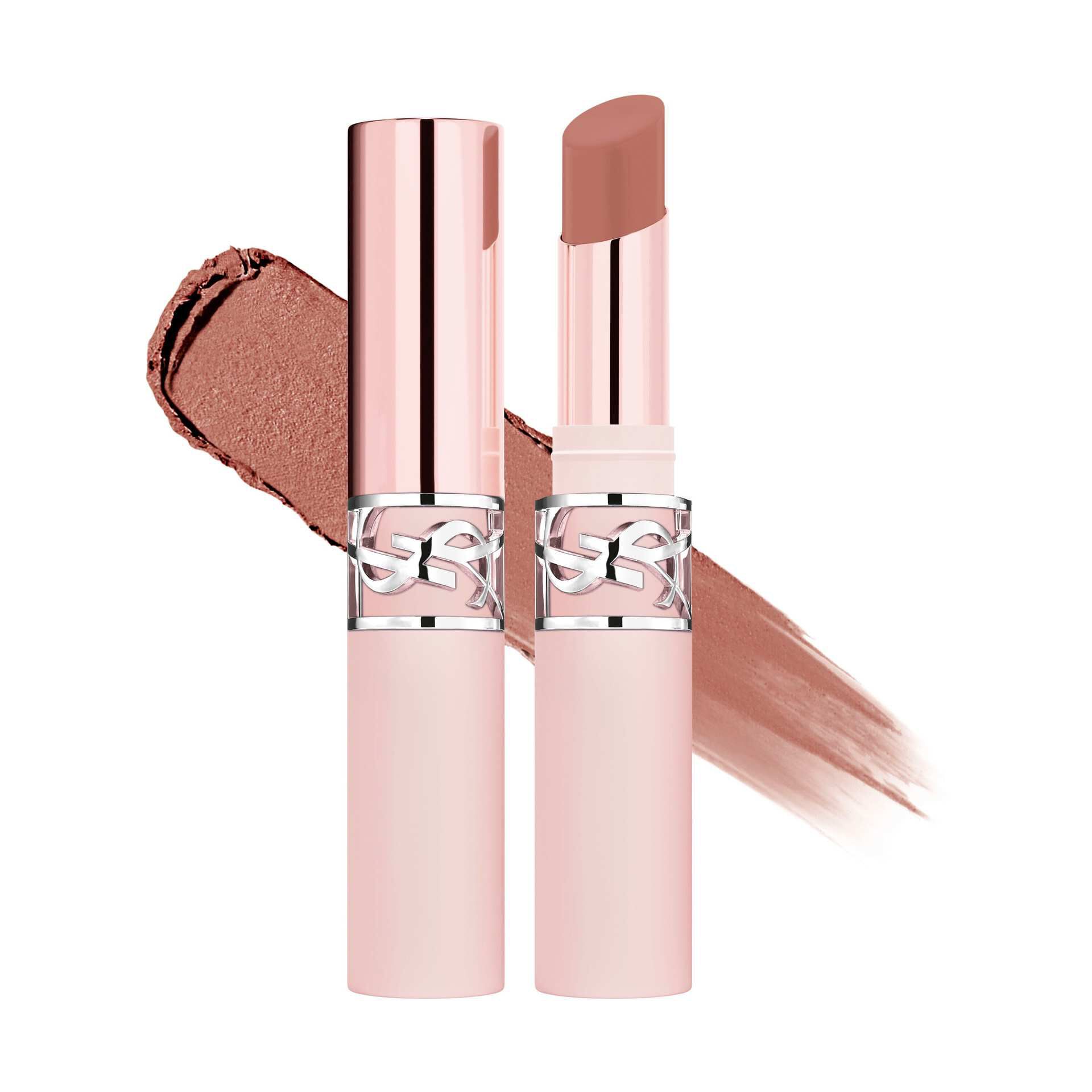 YSL LOVENUDE Lip Blusher, shade 02 Sassy Peach. Packshot of opened and closed product with swatch.
