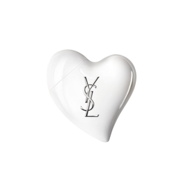 Glossy white heart CARE CRUSH Hand & Body serum-in-cream product with silver YSL logo. Chic skincare packshot.