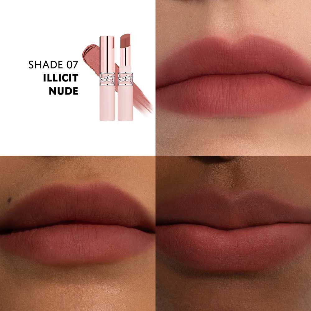 YSL LOVENUDE Lip Blusher, shade 7. Multiframe close-up of lips wearing the product.
