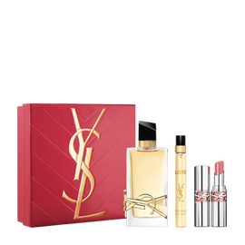 YSL Libre and Loveshine Spring Set with gift box, Libre Eau de Parfum 90 ml, 10 ml travel spray and mini Loveshine shade 44 on a white background.
