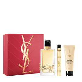 YSL Mother's Day giftset : LIBRE EDP 90ml, 10ml, and 50ml body cream, close-up with a pink gift set and a gold cassandre on it.