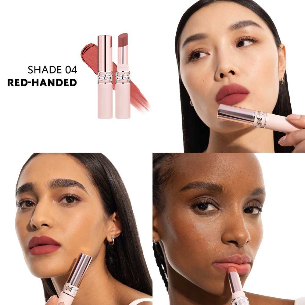 Model wearing YSL LOVENUDE LIP BLUSHER shade 04 Red-Handed with soft matte finish.