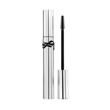 YSL Lash Latex Mascara in a sleek silver tube with black YSL logo, featuring a precise wand.