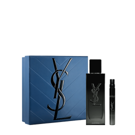 YSL MYSLF Eau de Parfum Duo Spring Set with blue gift box, MYSLF EDP 100 ml bottle and 10 ml travel spray on a white background.