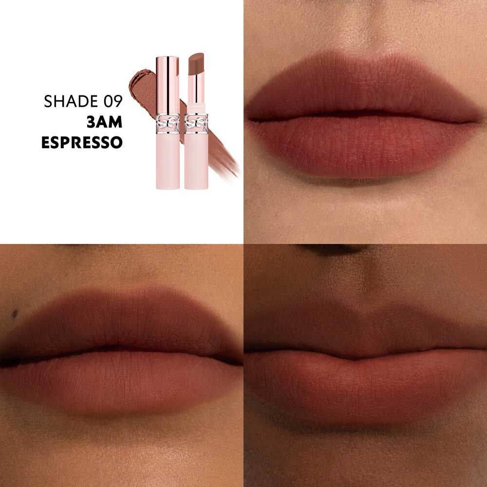 YSL LOVENUDE Lip Blusher, shade 9. Multiframe close-up of lips wearing the product.