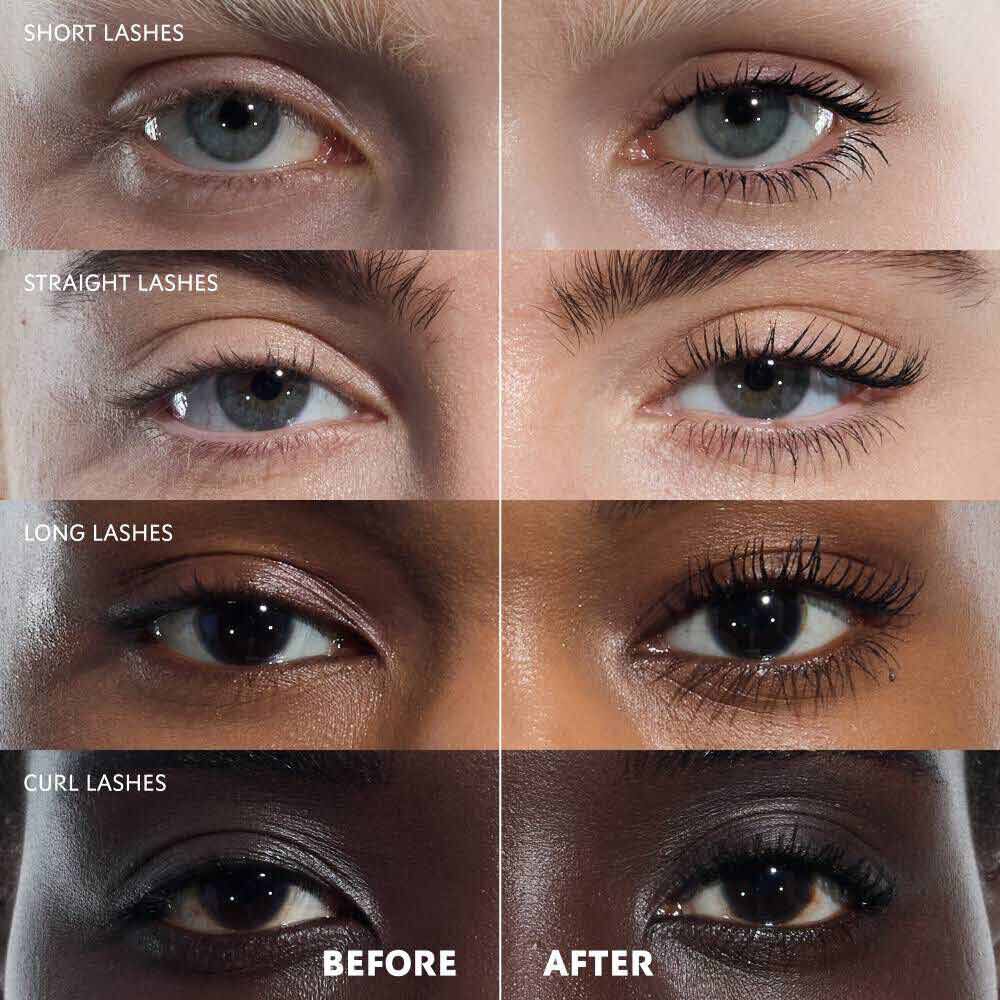 Model before and after applying YSL Lash Latex Mascara showing lifted lashes.