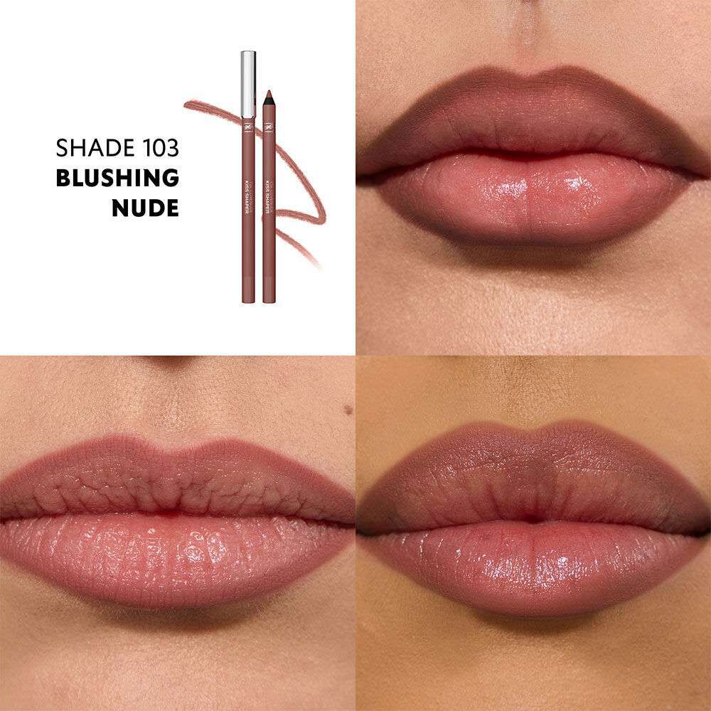 Close-up lips wearing YSL LOVENUDE KISS SHAPER nude shade.