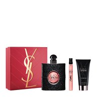 YSL Black Opium Routine Spring Set with gift box, Black Opium Eau de Parfum 90 ml, 10 ml travel spray and body lotion 50 ml on a white background.