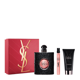 YSL Black Opium Routine Spring Set with gift box, Black Opium Eau de Parfum 90 ml, 10 ml travel spray and body lotion 50 ml on a white background.