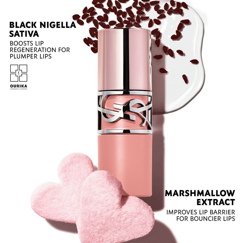 YSL LOVENUDE LIP STAIN with Black Nigella Sativa oil and pink heart marshmallows.