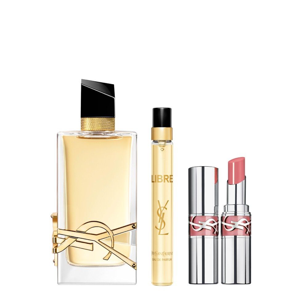 Libre Eau de Parfum 90 ml bottle beside a 10 ml travel spray and mini Loveshine shade 44 on a white background.