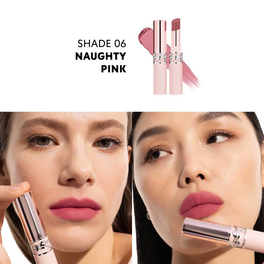 Model wearing YSL LOVENUDE LIP BLUSHER shade 06 Naughty Pink with soft matte finish.
