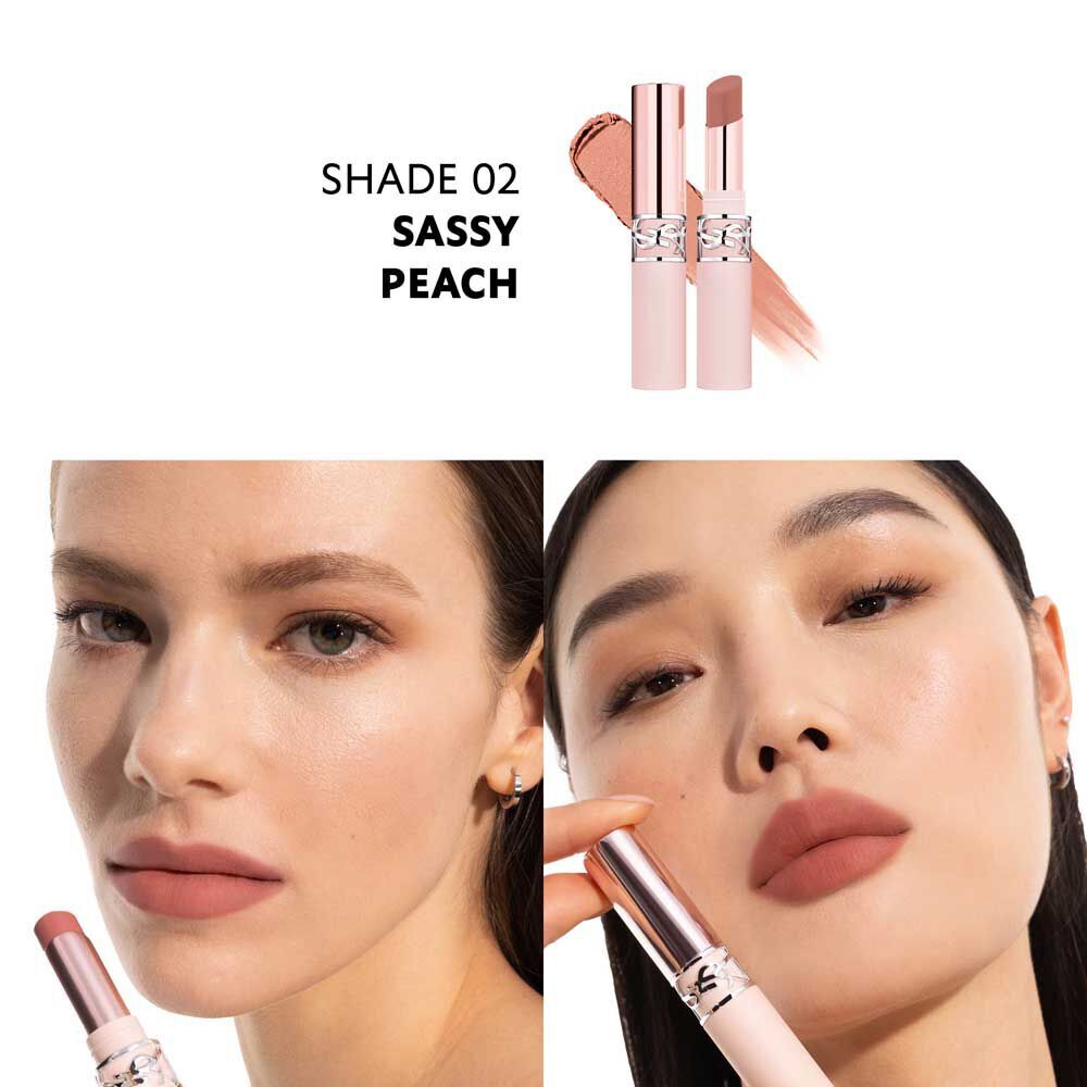 Model wearing YSL LOVENUDE LIP BLUSHER shade 02 Sassy Peach with soft matte finish.
