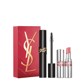 YSL Lash Clash and Loveshine Duo Spring Set with gift box, Lash Clash mascara and Loveshine lipstick shade 44 on a white background.