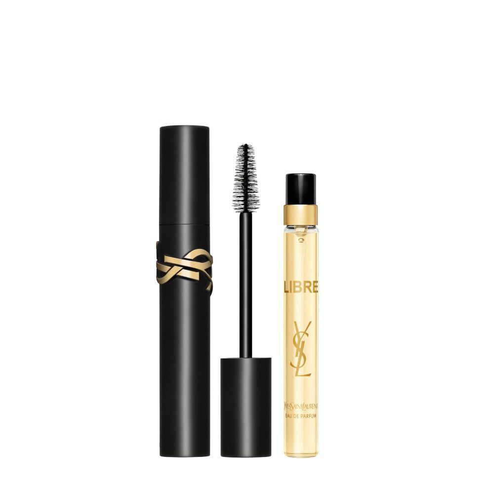 Lash Clash mascara beside Libre Eau de Parfum 10 ml travel spray on a white background.