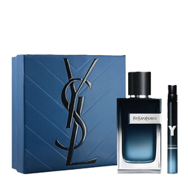 YSL Y Father's Day gift set: blue box, Y Eau de Parfum 100ml and 10ml bottles, fresh and bold fragrance.