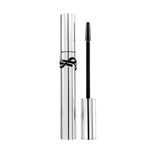 YSL Lash Latex Mascara, with a silver tube and black YSL logo, shown both closed and with the brush extended.
